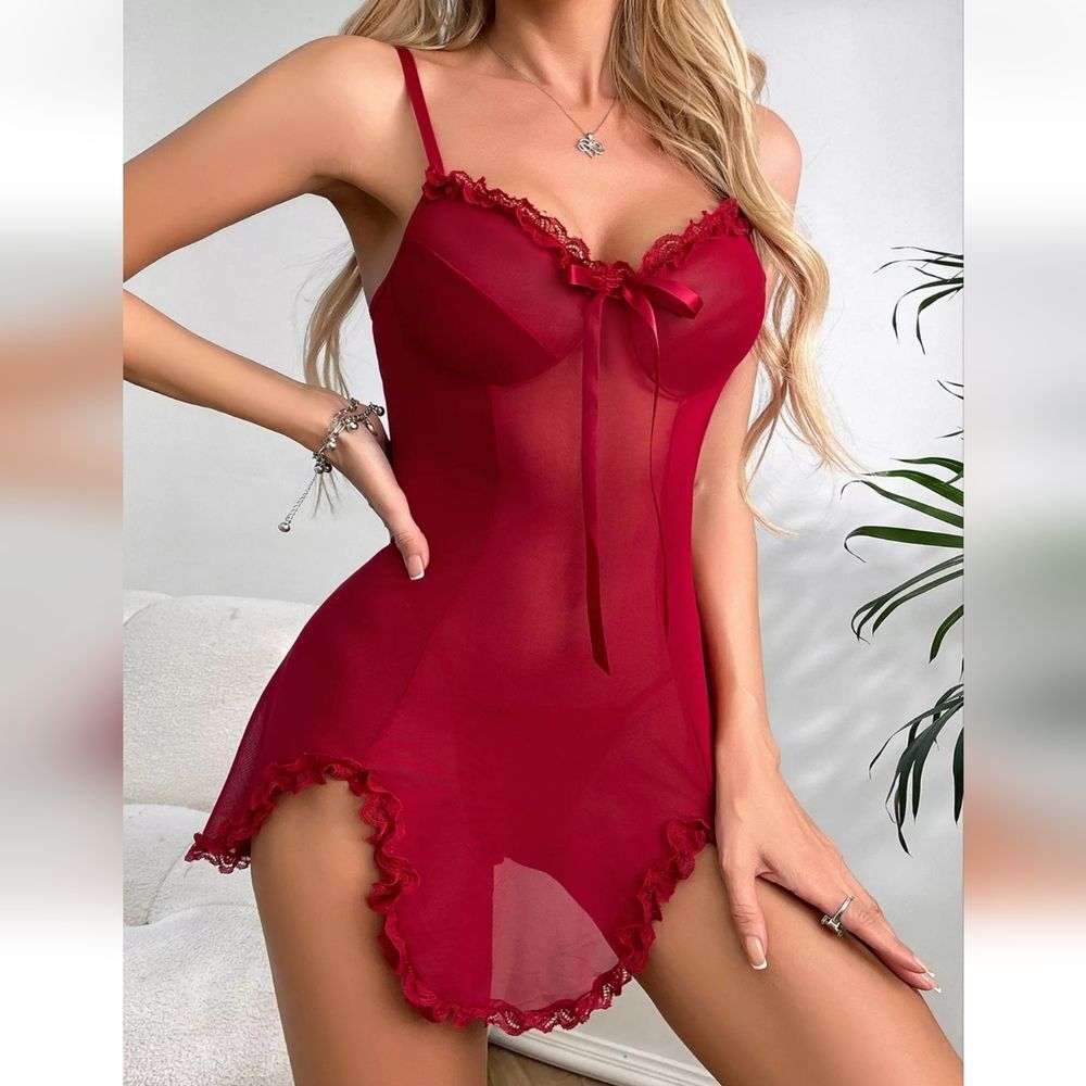 Womens Sexy Lingerie Lace Trim Sleepwear Nightwear Sheer Babydoll Underwear US